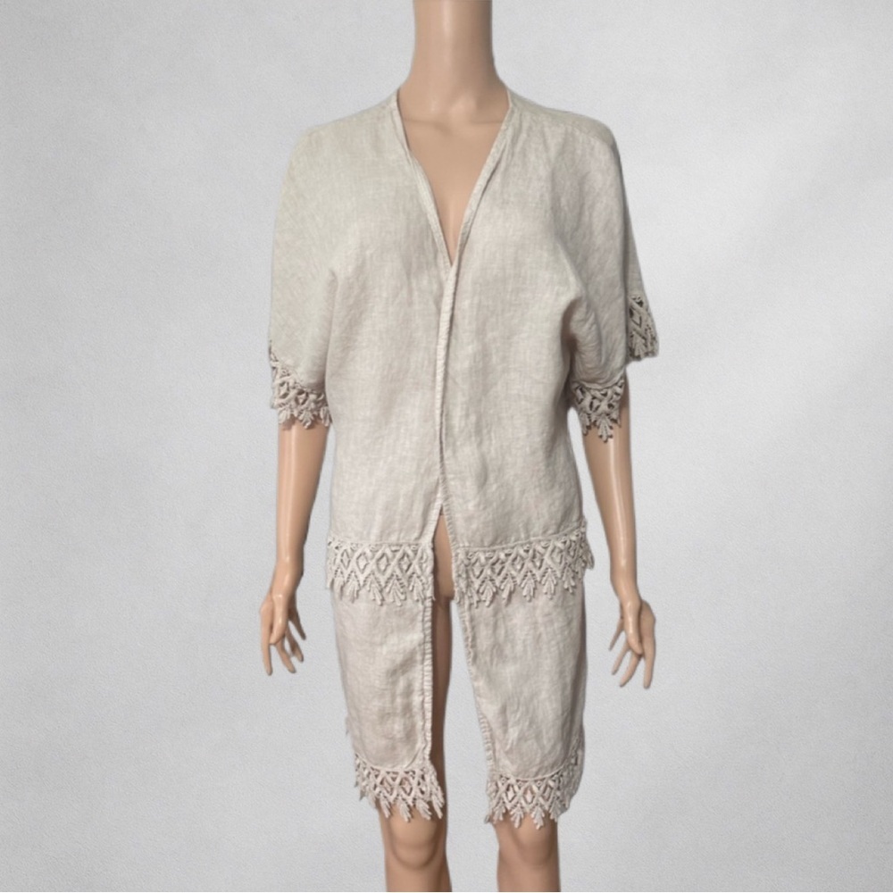 Valentina Naldi 100% Linen Women’s Tunic L/XL One Size Lace Trim Boho Italy 0157 - Picture 2 of 8